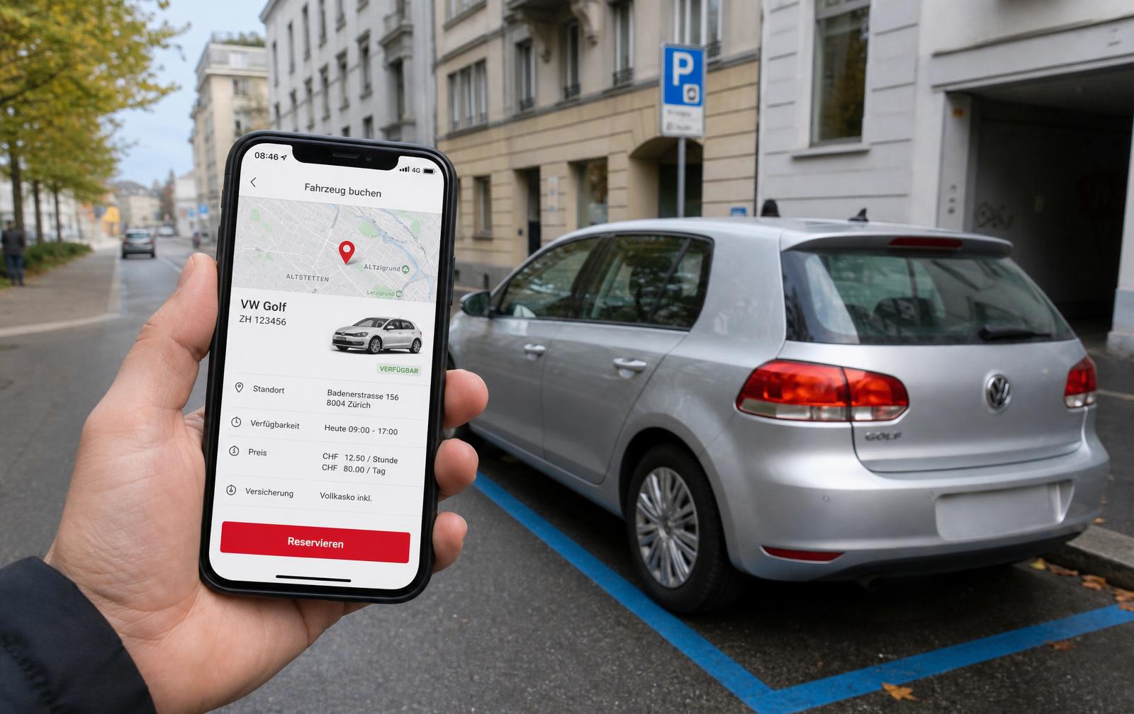 Hand hält ein Smartphone mit einer Fahrzeugbuchung in Zürich, Preis in Franken und Reservieren-Schaltfläche